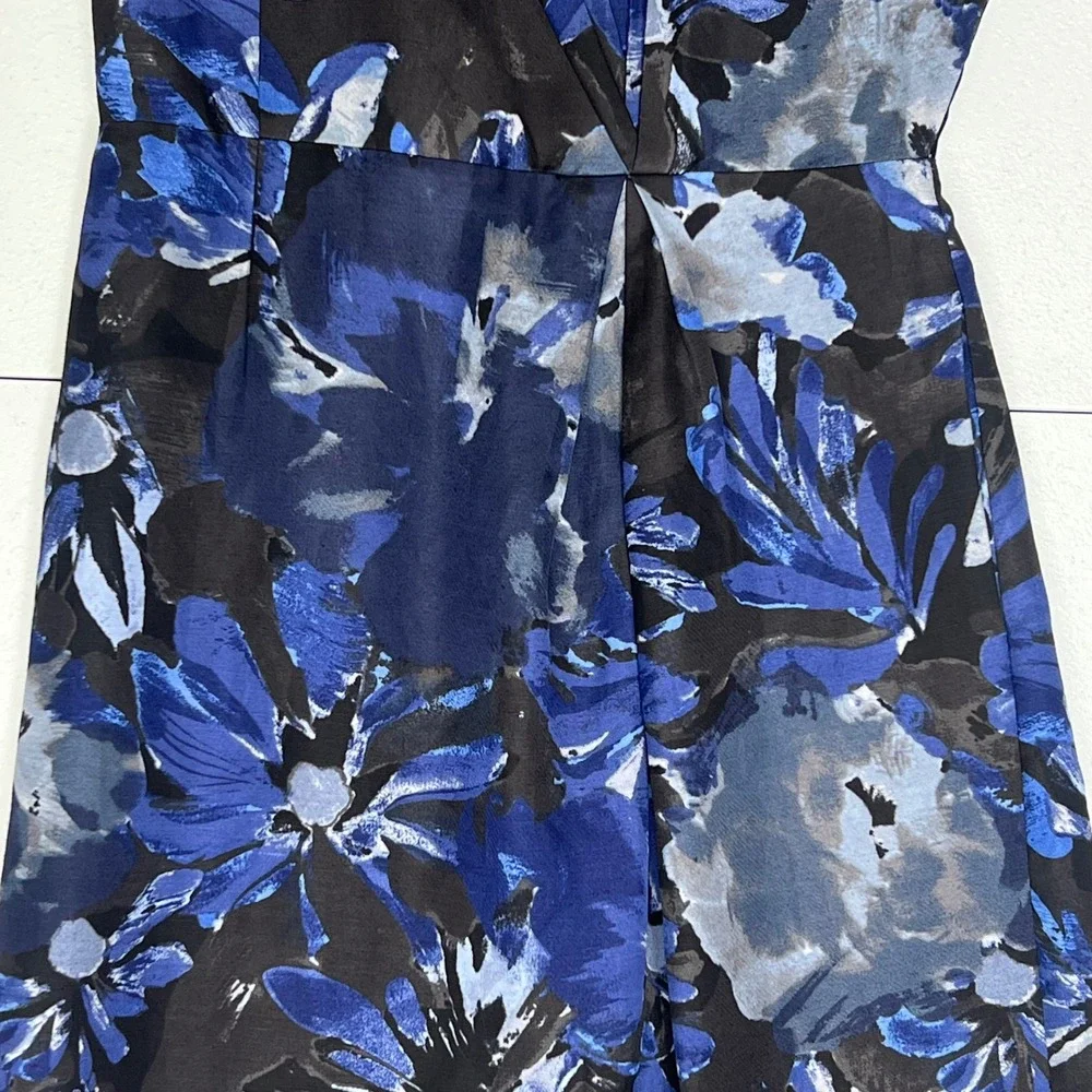Banana Republic Mad Men Linen Blend Floral Dress Petite Fit Flare Blue‎ Black 4P